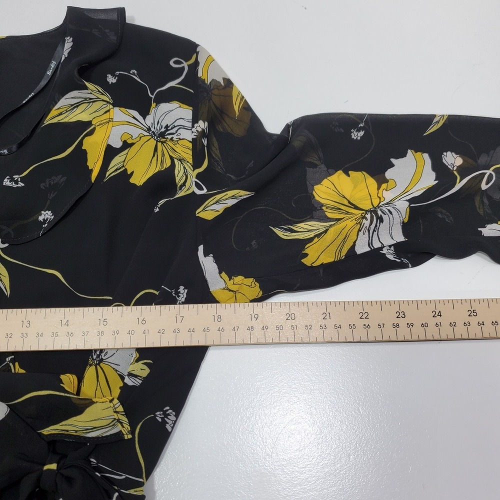 Bardot Women's Wrap Blouse Large‎ Black Floral V Neck Bell Sleeves Office Classy - Picture 9 of 14